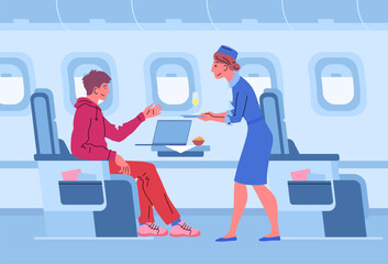 Vector first class service on airplane scene illustration. Business class standing flight attendant giving champagne to the passenger in the seat concept. Man and stewardess woman in a flying airplane