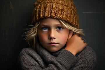 Sad little girl in a warm knitted hat and sweater looking at camera