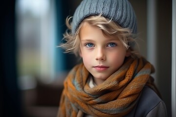 Portrait of a beautiful little girl in a warm hat and scarf