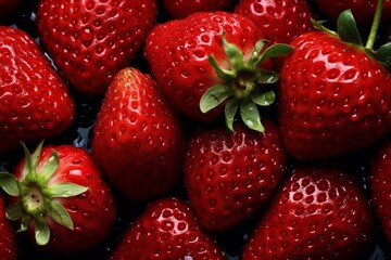 A detailed view of multiple wet strawberries. Generative AI