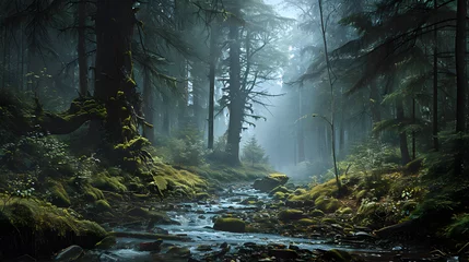Foto auf Acrylglas Waldfluss misty forest in the morning