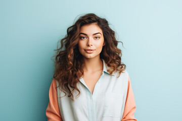 A young woman with voluminous curly hair and a peach and white shirt against a blue background.