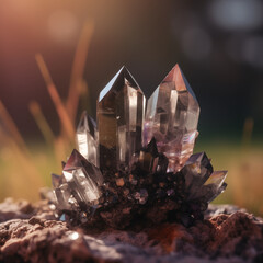 Gorgeous Natural Hematite-Included Quartz Crystal Clusters with Light Bokeh Background