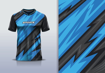 T-shirt mockup with abstract stripe line jersey design for football, soccer, racing, esports, running, in black blue color © Nimpuna O