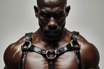 A detailed close-up of a rugged african-american man in a stylish black leather harness, posed against a minimalist white studio backdrop