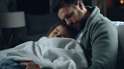 man take care of little ill daughter. Sick child lying on bed under blanket, with worried. single dad taking care of sick daughter at home. child has a high fever. covers on the couch and ill