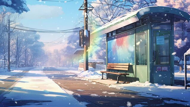 bus stop when it snows. Anime art style. Loop animation. Lofi music