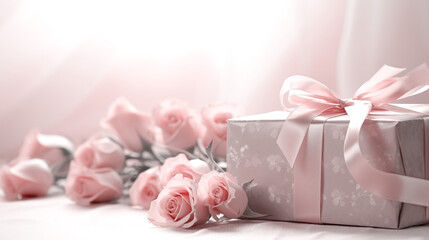 Elegant pink roses and gift with satin ribbon on a soft background, ideal for bridal showers or Valentine's Day. AI Generative - Powered by Adobe