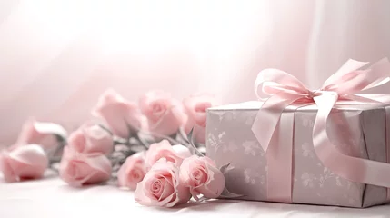 Deurstickers Elegant pink roses and gift with satin ribbon on a soft background, ideal for bridal showers or Valentine's Day. AI Generative © Julia