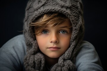 Portrait of a boy in a knitted cap and scarf.