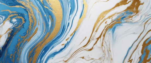 Abstract marble pattern of swirling blue, white, and gold colors.
