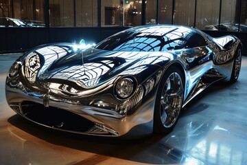 A sports car with a surface made of mirrors.