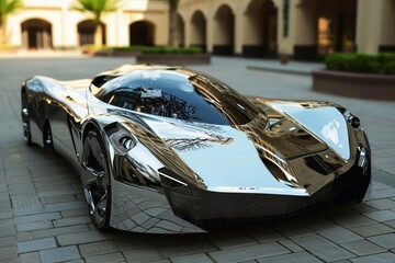 A sports car with a surface made of mirrors.