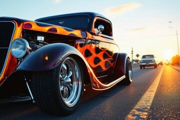 Fototapeta na wymiar A custom hot rod car with flames painted on it on the road.