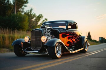 A custom hot rod car with flames painted on it on the road.
