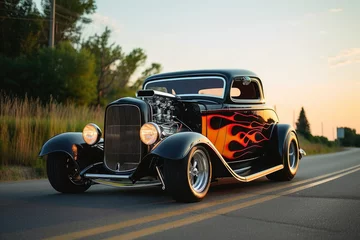 Foto op Aluminium A custom hot rod car with flames painted on it on the road. © Nicole