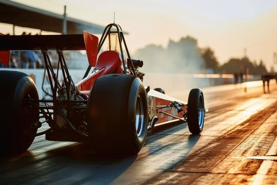 Very fast rocket dragster on a track.