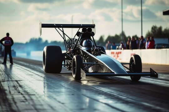 Very fast rocket dragster on a track.