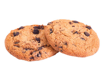 Two cookies with chocolate isolate on a white background. Salty food. Sweets macro photo.