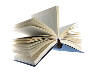 Open blue hardcover book isolated on white