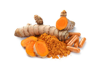 Aromatic turmeric powder, pills and raw roots isolated on white