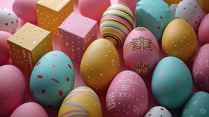 Assorted Easter eggs with patterns and gift boxes