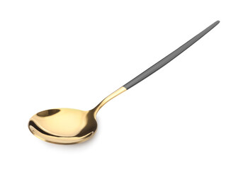 One shiny golden spoon with black handle isolated on white