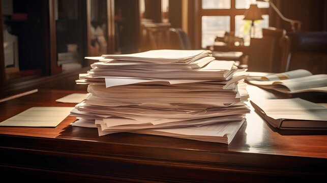 Stack Of Documents On Secretary Desk Were Prepared It Is Legal Document For Real Estate Buyers To Be Used As Evidence Of Possession. Stacked Papers Were Placed On The Table Awaiting Examination.stack 