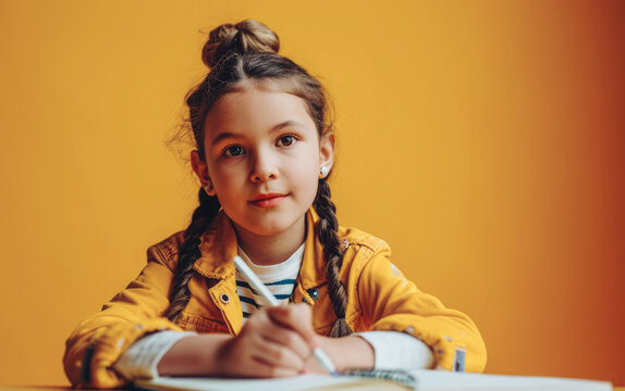 
A girl learns through the screen, interacts with educational content, and takes notes. The pastel yellow background radiates the energy of learning.