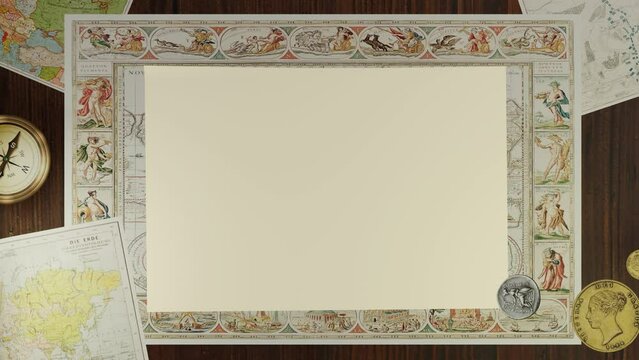 Old paper scroll or parchment animation. 3d With Coins and compass. Background 4K. Rolling