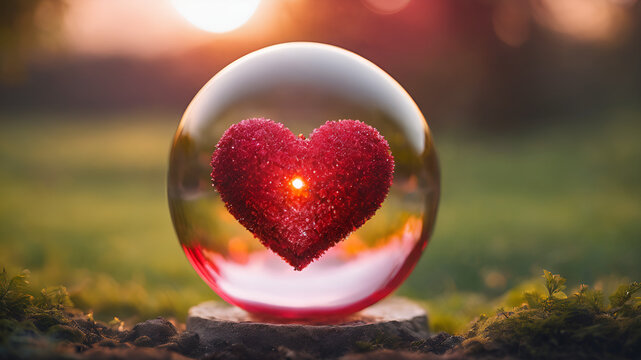 Heart Shape made of magical glass ball and gifts for Valentine's Day, Generative ai.