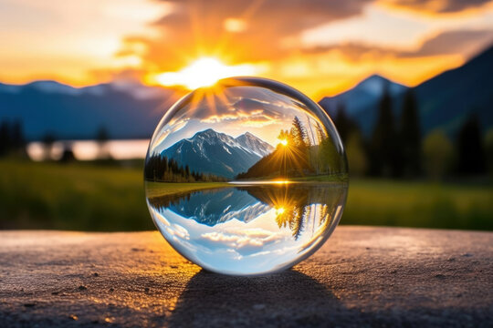 Light globe crystal travel nature sphere reflection ball landscape alpine world concept background closeup