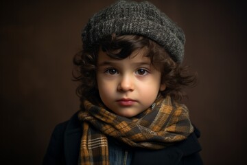 Portrait of a cute little boy in a hat and scarf.