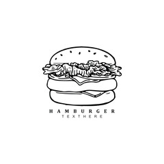 Hand drawn linear burger fast food icon logo design isolated on white background