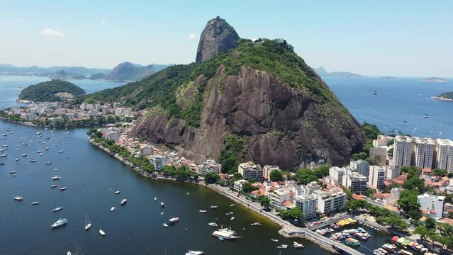Picturesque aerial video of the Sugarloaf Mountain and Urca neighborhood in Rio de Janeiro, Brazil
