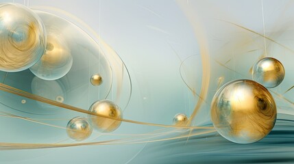 Abstract illustration featuring shiny golden orbs and graceful curves on a flowing pale blue gradient background