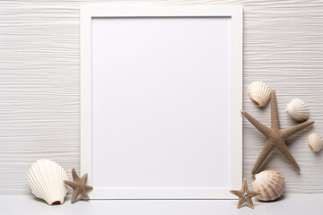  Close-up view of a empty frame with a blank white poster, next to shells on an isolated white background, neutral colors and organic textures...