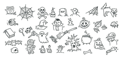 Big set of Halloweens elements in sketch style. Design of witch, ghost, creepy and spooky elements for Halloweens decorations, sketch, icon. Hand drawn vector isolated on white background.
