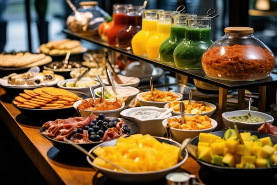 Fruit table food egg plate cheese buffet breakfast meal morning