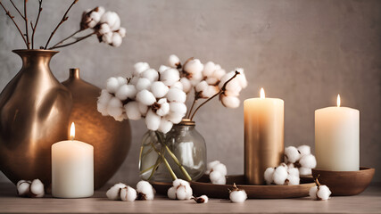 Stylish table with cotton flowers and aroma candles near light wall Banner for design