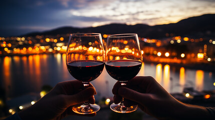 夜景をバックにワインで乾杯