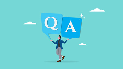 Q and A with bubble chat icon and businessman illustration. question and answer vector illustration. question or information to solve problem. business people holding bobble chat with Q and A text - obrazy, fototapety, plakaty