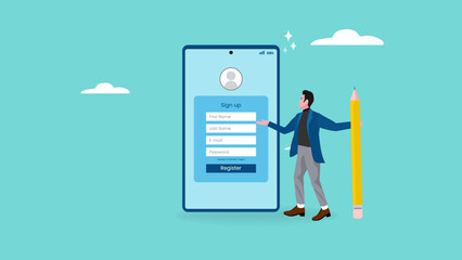 online registration illustration with the concept of businessman fills registration table while carrying big pencil, business register illustration, apply new job or membership, register new account - obrazy, fototapety, plakaty