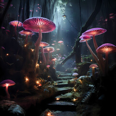 Enchanted forest with luminescent mushrooms and ethereal creatures.