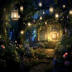 A secret garden illuminated by the soft glow of firefly lanterns.
