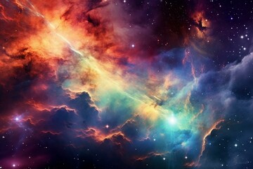 Vibrant interstellar wonderland filled with cosmic nebulae, stars, galaxies, and ethereal fog. Generative AI
