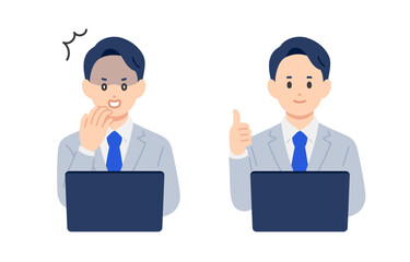 パソコンを見てショック･グッドのポーズをするビジネスパーソン男性のセット【人物ベクターイラスト素材】