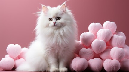 A white cat sitting next to a pile of pink hearts. St Valentine's day greeting card design.