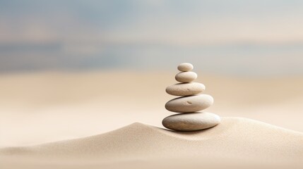 Fototapeta na wymiar A stack of rocks sitting on top of a sandy beach. Zen pyramid, stack of pebbles on sand with wind patterns, calm neutral background.