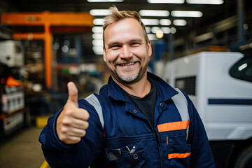 portrait of a smiling worker showing thumbs up